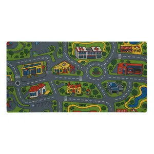 Vintage City Playmat Map Poster – 36x18 Print, Colorful Cartoon Town Roads & Buildings, Nostalgic Kids Room Wall Art