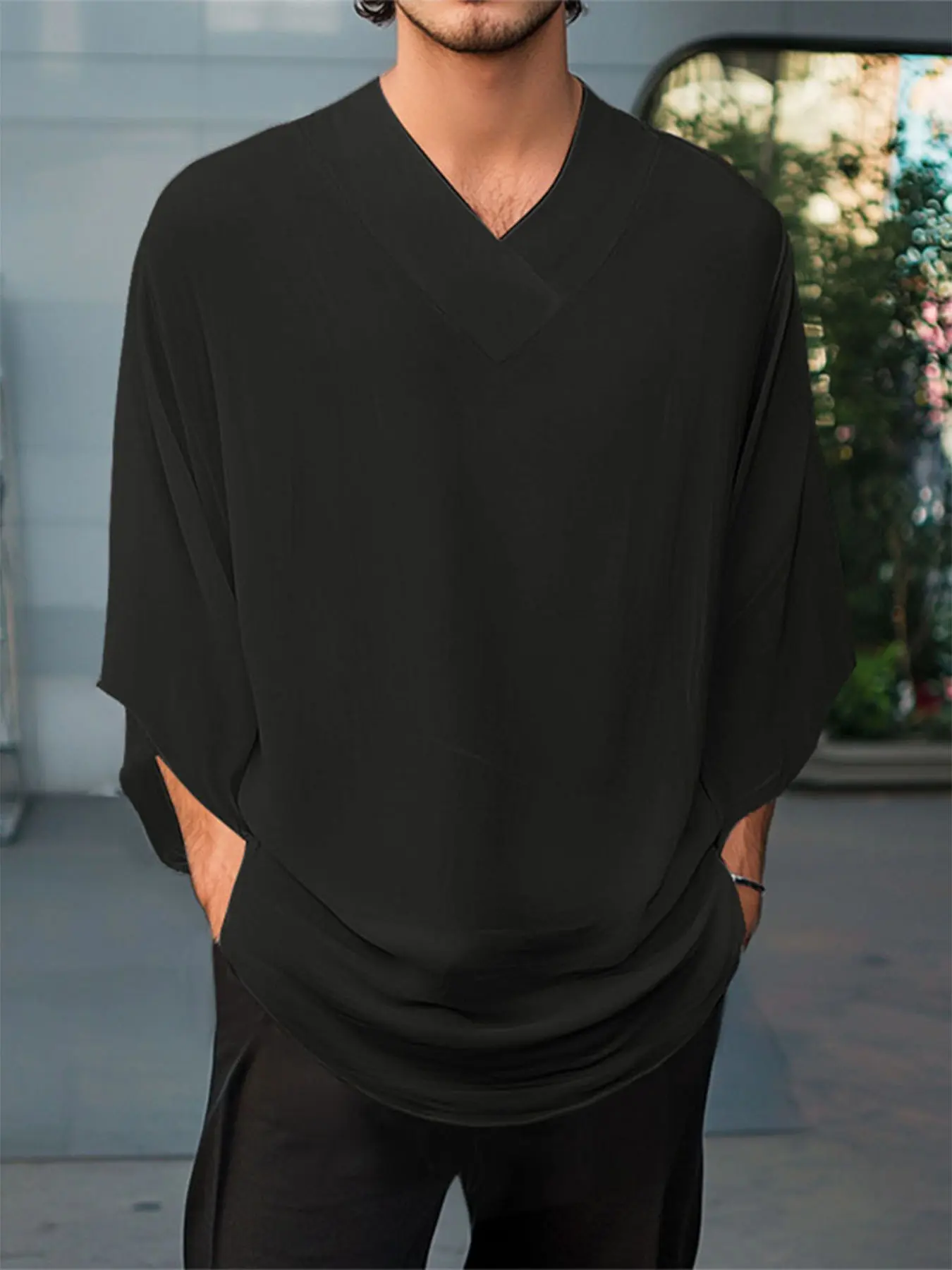 INCERUN Men's Fashion Streetwear Casual Loose Baggy Oversized Plain Solid Color Transparent Seven-Quarter Sleeve T-Shirt, Menswear Perfect for Summer Daily or Vacation Wear