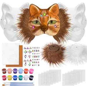 6PCS Therian Mask Kit, Cat Mask With Eye Mesh Gem Stickers Acrylic Pigment And Animal Hair, DIY Blank Animal Masks For Costume Party, Cosplay, Halloween Costume, Valentine's Day Gift