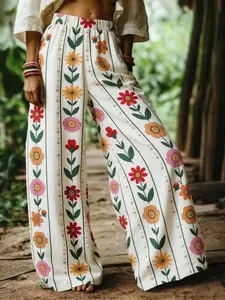 Women's Casual Floral Wide Leg Pants, Loose-Fitting Beach Vacation Essential, All-Season Trousers for Relaxing Days