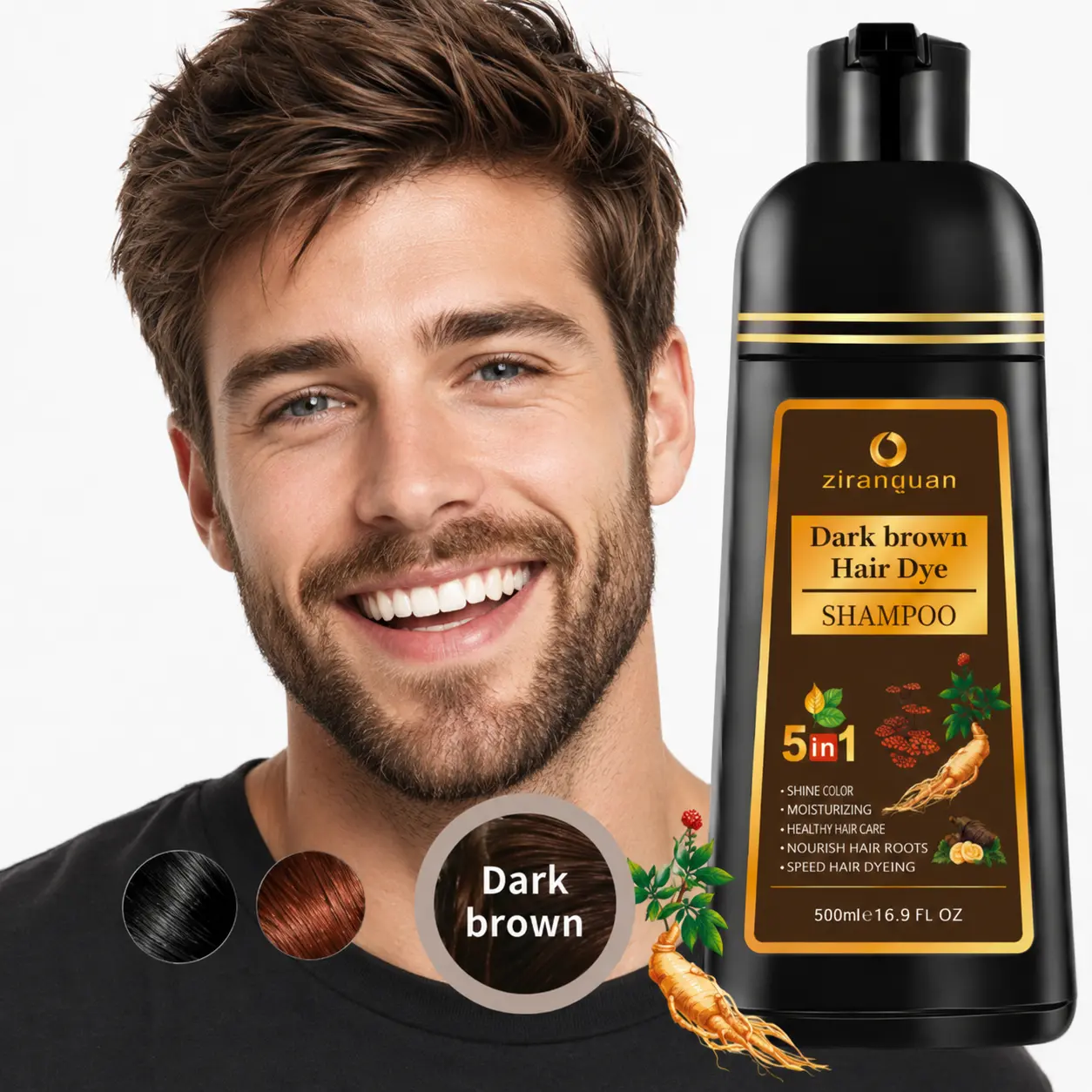 Dark Brown All-in-1 Hair Dye Shampoo & Conditioner, 100% Instant 10 Mins Gray Root Touch Up, Herbal Ginseng Formula, Ammonia-Free & PPD-Free Color Depositing Wash for Adults, Salon-Quality At-Home Hair Color, 500ml/16.9oz Haircare Product