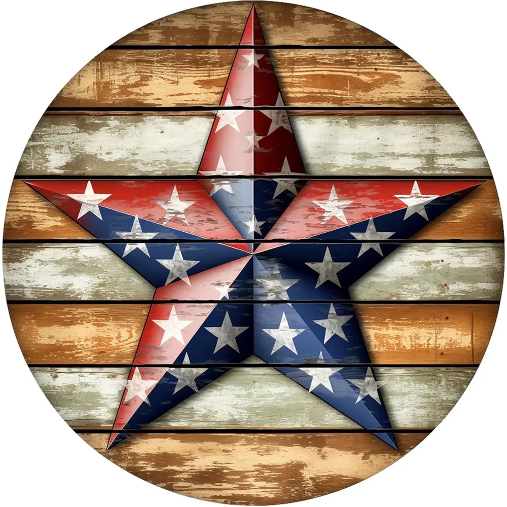 Rustic American Flag Wreath Welcome Sign - 8x8" Round Aluminum Metal Tin Wall Decor with Distressed Wood-Look Background & Stars, Vintage Patriotic Indoor/Outdoor Hanging for Home, Garden, Kitchen, Bar, Cafe, Garage - No Electricity Needed