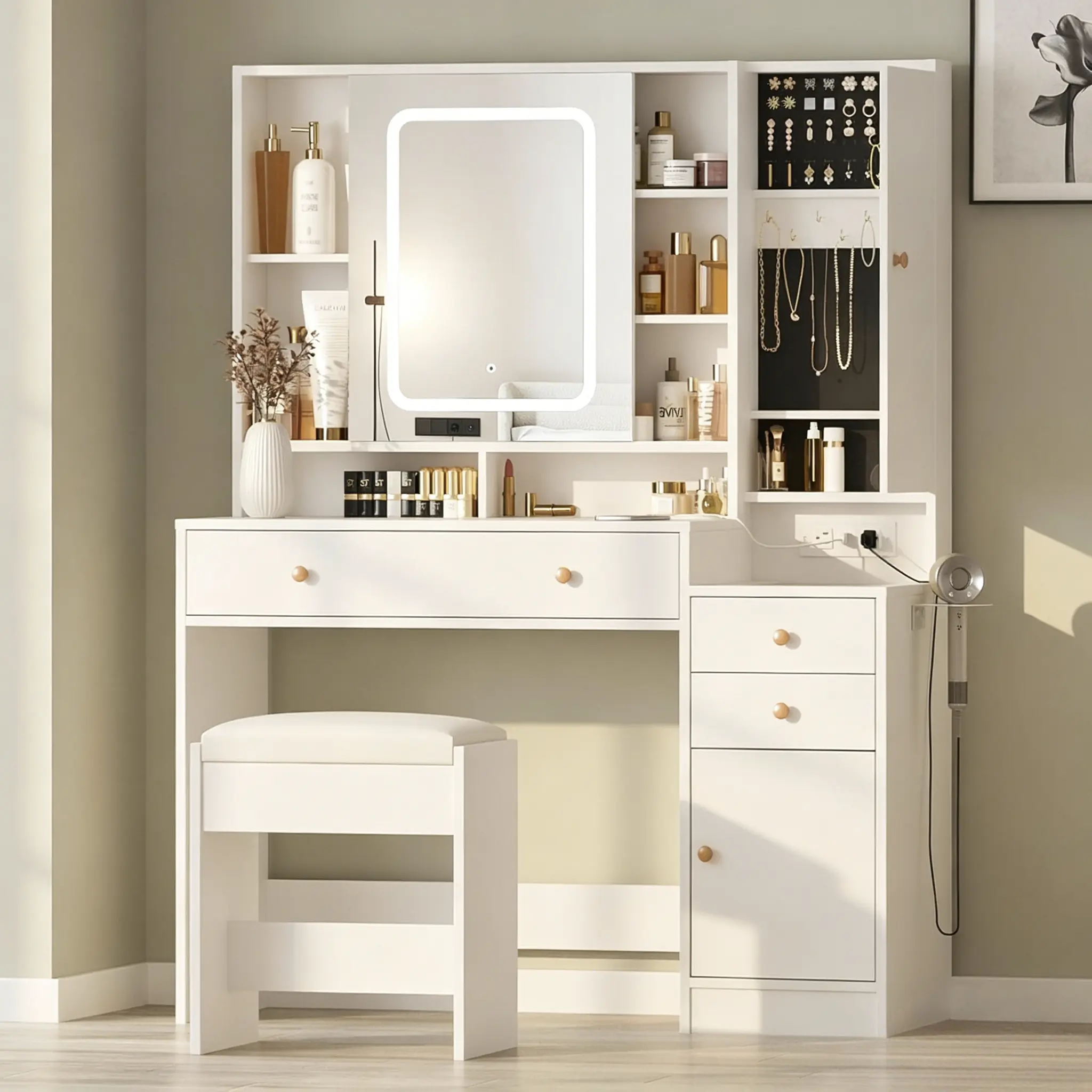 [Summergarden] Vabches Modern LED Vanity Table with Mirror and Lights, Makeup Vanity Desk with 3 Drawers and Cabinets for Ample Storage