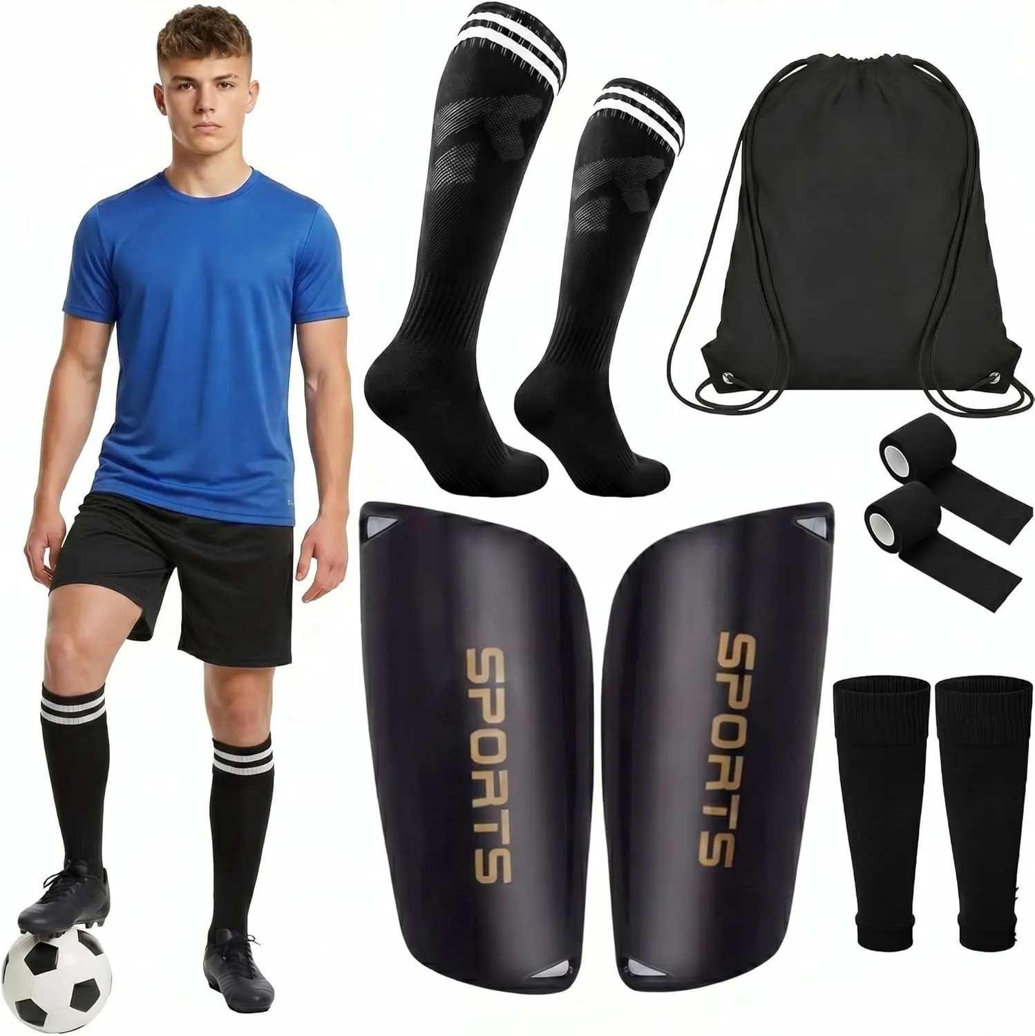ALGOFAIR Soccer Gear Set for Adults - 5-Piece Kit with Knee-High Socks, Left-Right Mold Shin Guards with EVA Padding & Drawstring Bag, Draw String Bag, Football Accessories, Ethylene Vinyl Acetate, Elastic Fabric, Impact Cushion, Left/Right Fit, Daily Tra