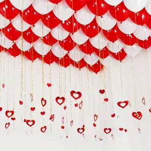 200pcs Romantic Heart Decor Set, Plastic Heart Pendants with Rope, Wedding Valentine's Day Birthday Party Room Decoration, Red, Glitter