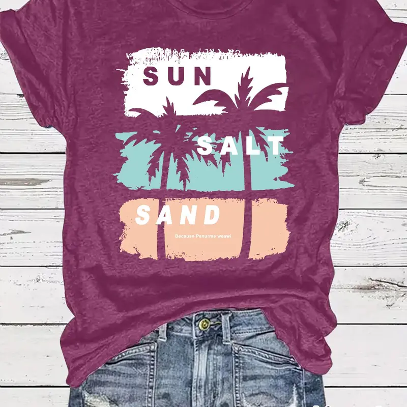 Women's Vintage Beach Graphic Round Neck Fitted Tee, Casual Fashion Streetwear Short Sleeve T-shirt for Summer, Ladies Clothes for Daily Wear, Top, Womenswear