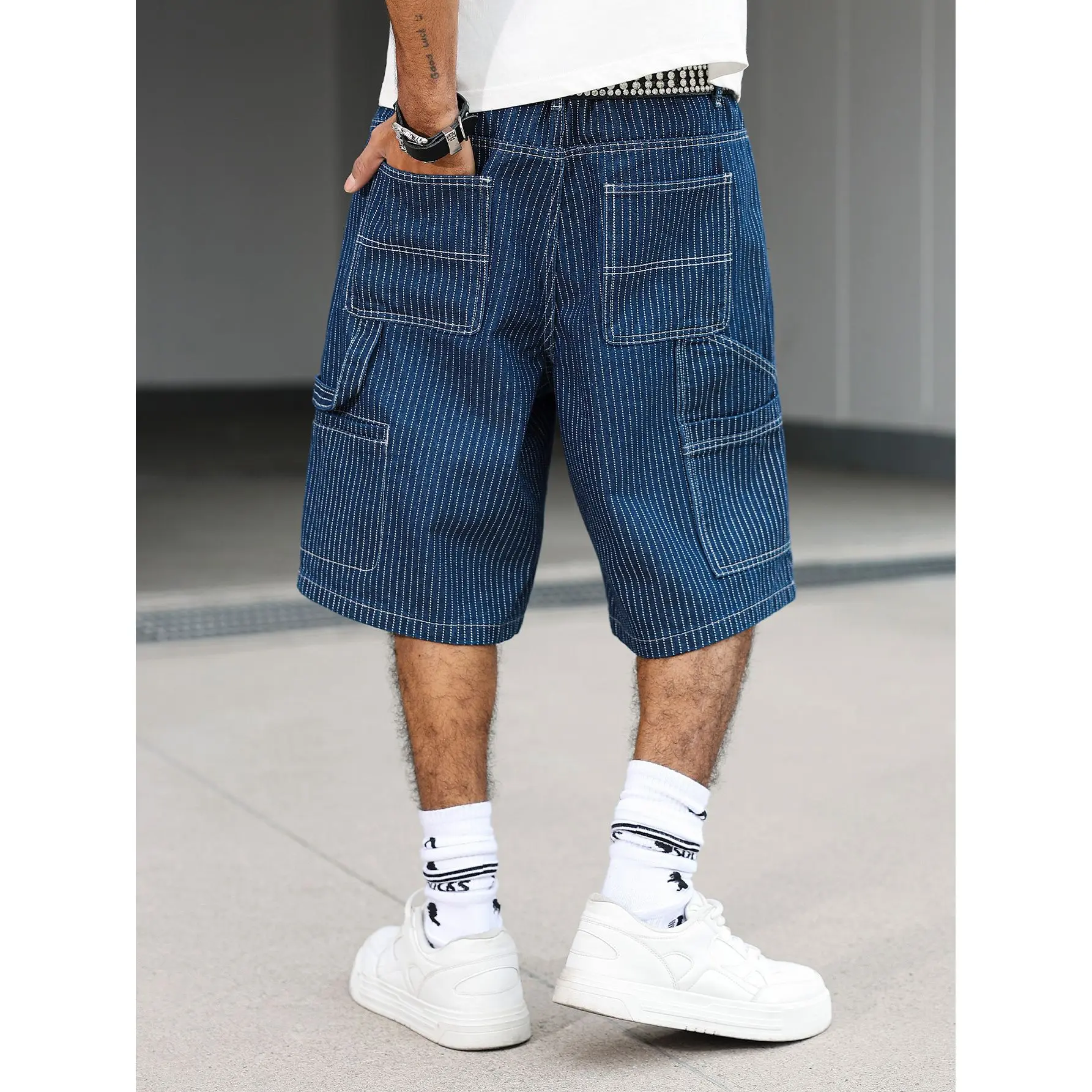 Men's Baggy Wide‑Leg Pinstripe Carpenter Denim Shorts, Non‑Stretch Retro Blue Streetwear Jorts