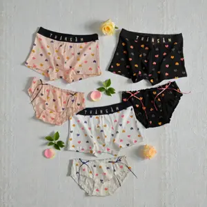 Combo 3 Pair Couple Underwear Set Heart Print Boxer Ruffle Panties Gift, Breathable & Comfortable Fit