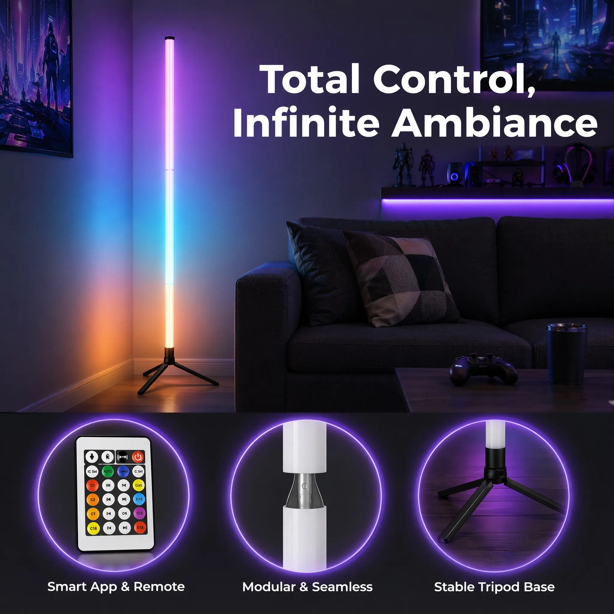 Dimmable RGB Floor Standing Lamp, Smart Electronic Home Decor Light with Music Sync, APP Control, Remote, Interior RGB Lighting for Bedroom Gaming Room