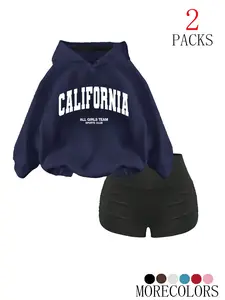 Women's Fall Winter Hooded Knit Sweatshirt Set, Casual Loose-Fit Thick Fabric, All Glrls Team Letter Print, Fashion Pocket Design, Womenswear