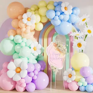 Daisy Balloon Arch Garland Kit - 131 Pcs Pastel Rainbow balloon arch kit with Daisy Balloons, for Birthday Party, Shower, Flower Themed Party Decorations