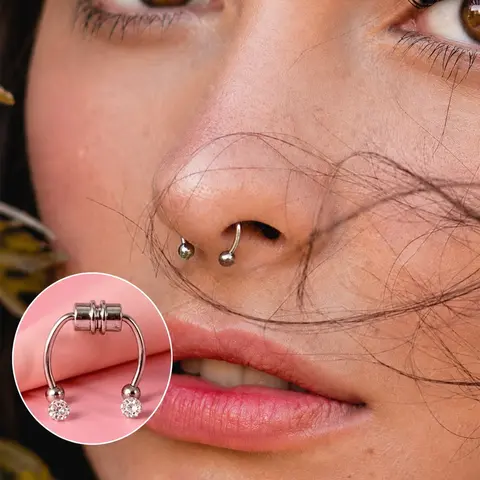 Nose Rings Hoops, Fake Nose Ring, Fake Septum, Fake Lip Rings, Fake Double Nose Ring, Nose Cuffs, Magnetic Septum, Faux Septum Piercings, Non Piercing, Stainless Steel Rhinestone Crystal Balls for Men Women