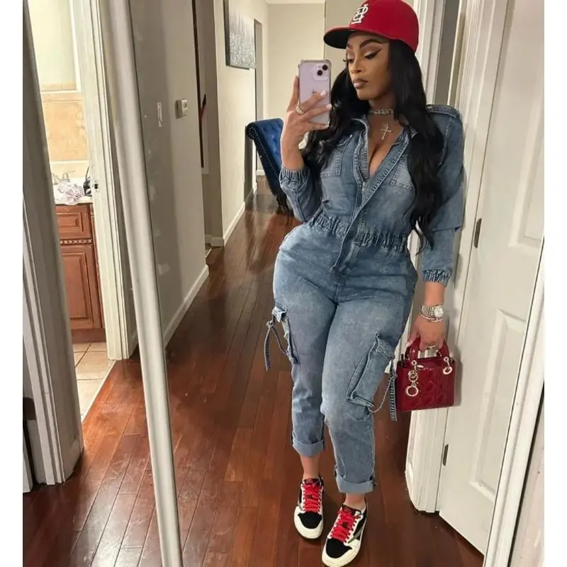 Women's Denim Jumpsuit with Pockets Elastic for Work & Street Casual Wear Tight Straight Leg Autumn Winter Fashion Stretch Denim Cargo Pants Jumpsuit