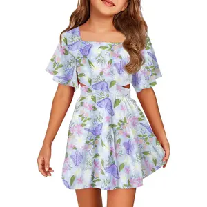Girls Summer Dress Square Neck Short Sleeve Crossover Waist Casual A-line Mini Dress summervibes