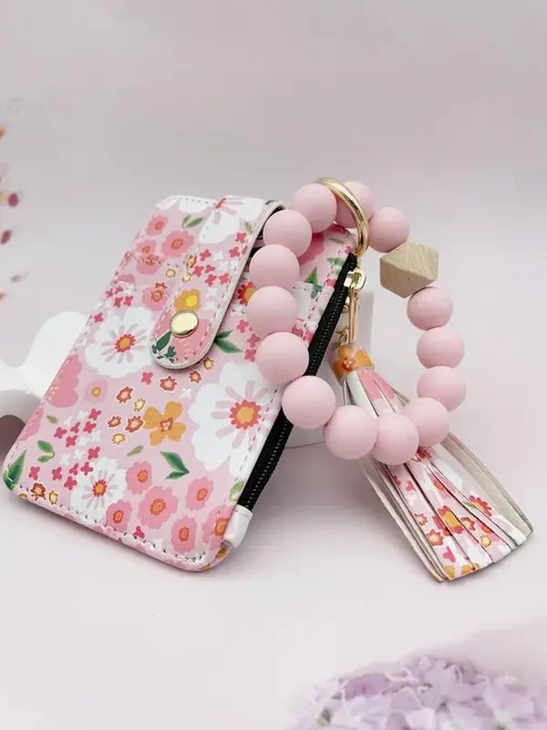 Buy 1 Get 1 Free, Total of 2 Keychains - Charms -Women's Boho Style Beaded & Tassel Decorated Keychain with Flower Pattern Wallet