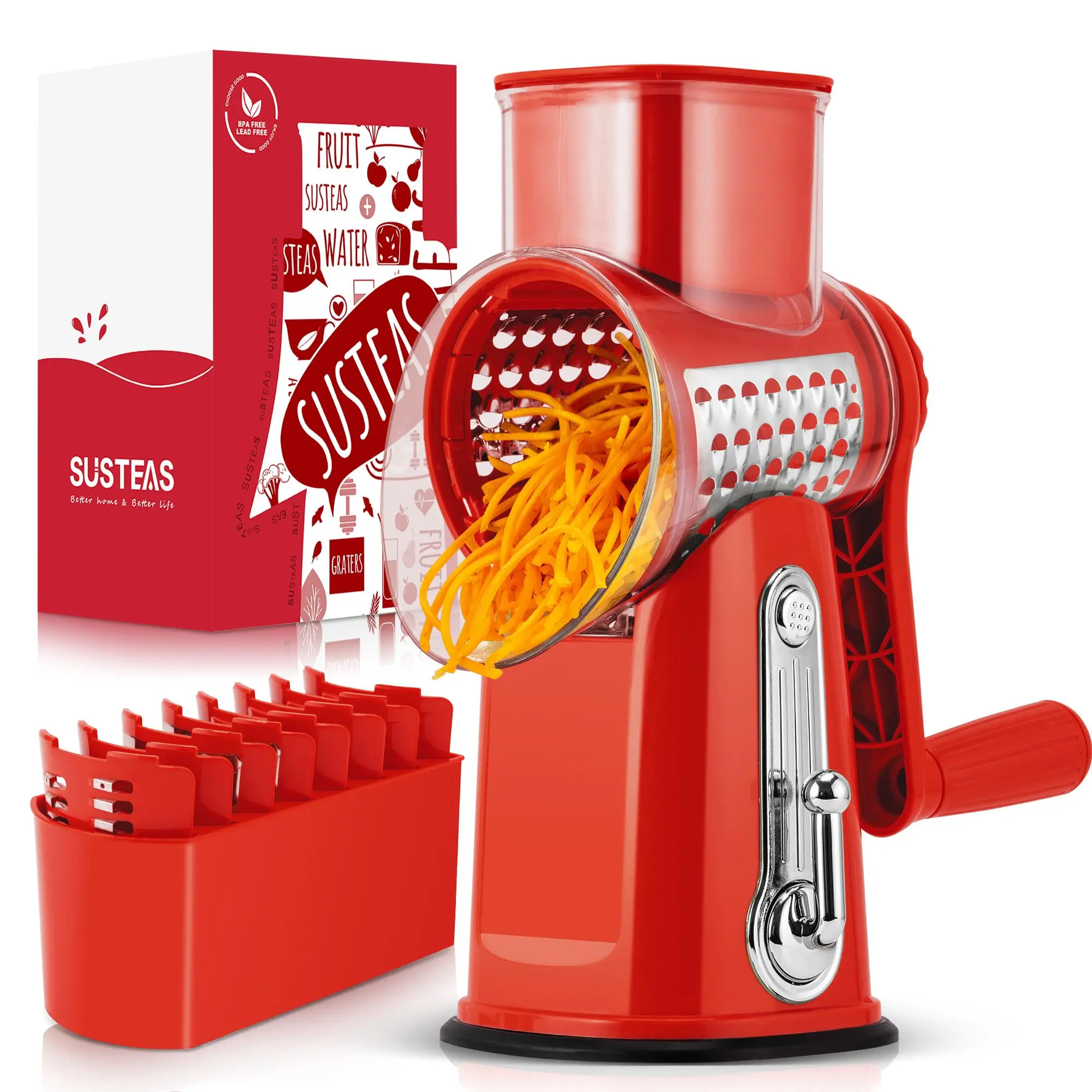 SUSTEAS Yellow Rotary Fruit & Vegetable Slicer - 5 BPA-Free Stainless Steel Blades, Easy-Grip Handle, Dishwasher Safe, Ergonomic Rotary Grater with Suction Base, Kitchen Shredder Utensil