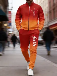 Men's Gradient Color Block Tracksuit Set - Faith Graphic Full-Zip Jacket & Elastic Waist Joggers