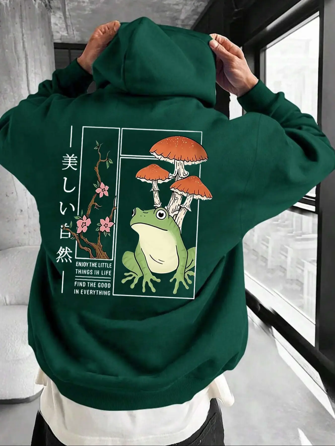 Men's Trendy Hooded Pullover Long Sleeve Sweatshirt Fabric, Fashionable Comfortable Animal Frog Graphic Print, Casual Daily Wear, Long Fitted Style, Fall & Winter