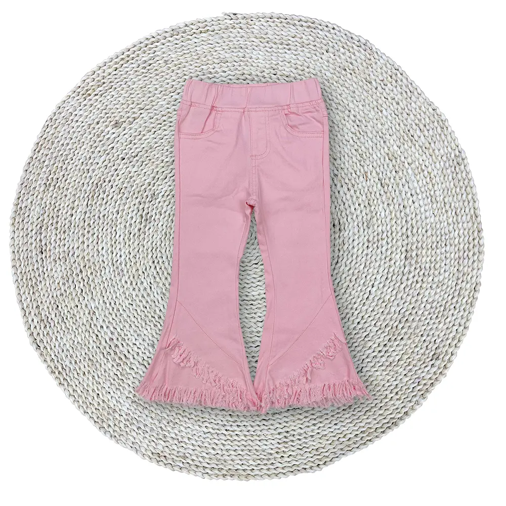 Baby Girls Cowgirls Western Pink Stretchy Elastic Bell Bottom Tassels Fringe Denim Jeans Pants Trousers