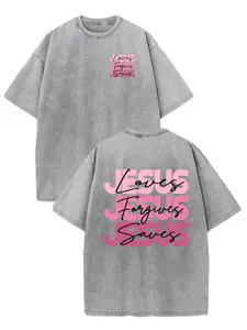 Heavyweight 230GSM Christian T-Shirt Soft Pink Religious Tee with Front & Back Jesus Loves Forgives Saves Print Unisex Casual Shirt for Church y2k Vintage Streetwear Christmas Thanksgiving Cyber Monday