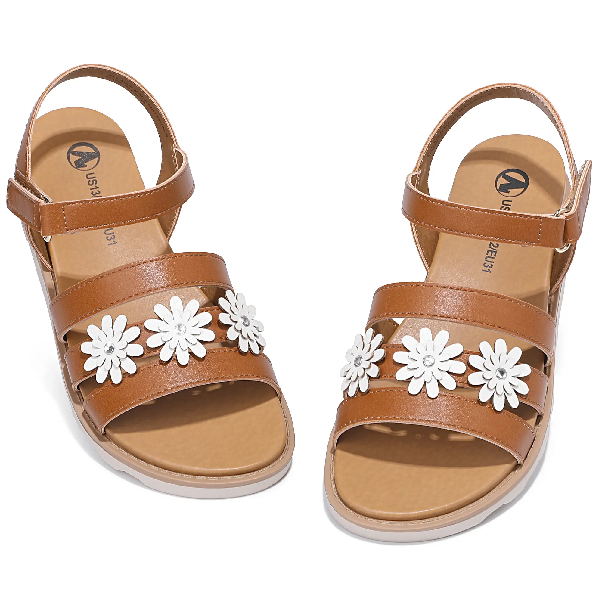 SHOESLOCKER Girls' Faux Leather Strappy Open-Toe Sandals - 3D Daisy, Rhinestone Detail, Adjustable Ankle Buckle, Floral Design Sandals, Ditsy Floral Sandals, Strapy Sandal