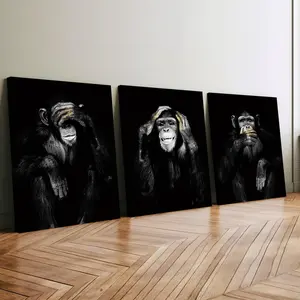 3Pcs Wooden Framed Canvas Painting, Three Chimpanzees Cover Their Eyes, Nose, And Throat, Exquisite Poster, Home Decoration, Pattern Wall Art Decor, For Living Room, Bedroom, Office, Bar Wall Decor, Odorless, Painting, Print Artwork.