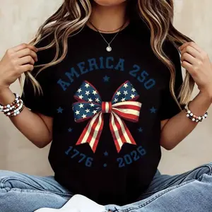 Celebration Ready White Crew Neck T Shirt Featuring America 250 Stars And Stripes Bow Print Perfect For Independence Day