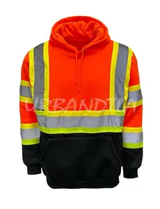 Men's Reflective Safety Pullover Hoodie Sweatshirt SAFETY ORANGEwith High Visibility Yellow Stripes & Gray Reflective Tape