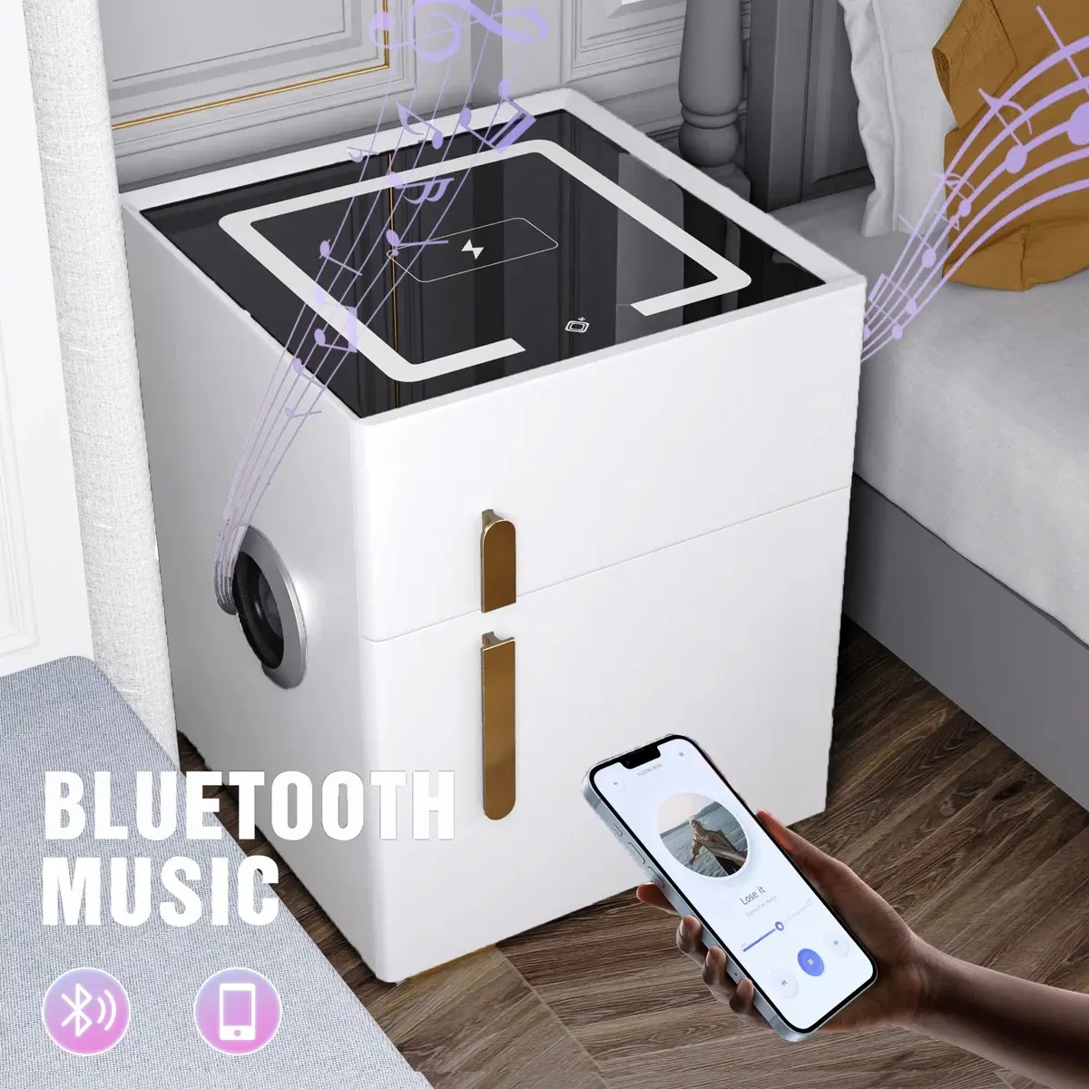 Smart Nightstands with Wireless Charging, USB Port, LED Lights and Speaker Smart Nightstands with Wireless Charging, USB Port, LED Lights and Speaker
