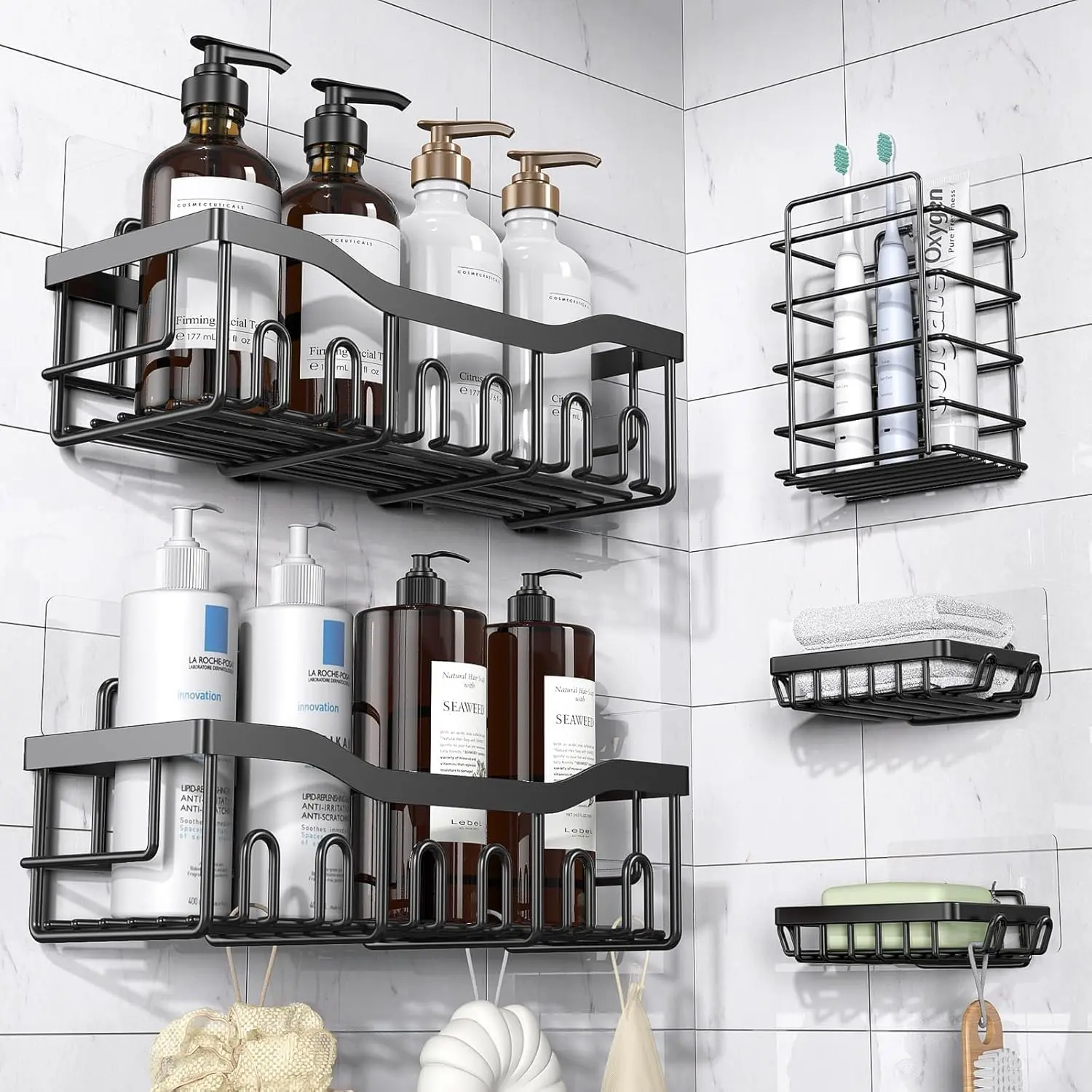 5-Pack Stainless Steel Adhesive Rustproof Shower Caddy with Soap Dishes, Toothbrush Holder, Hooks - No-Drilling Large-Capacity Bathroom Organizer Storage Shelf for Bathroom Accessories