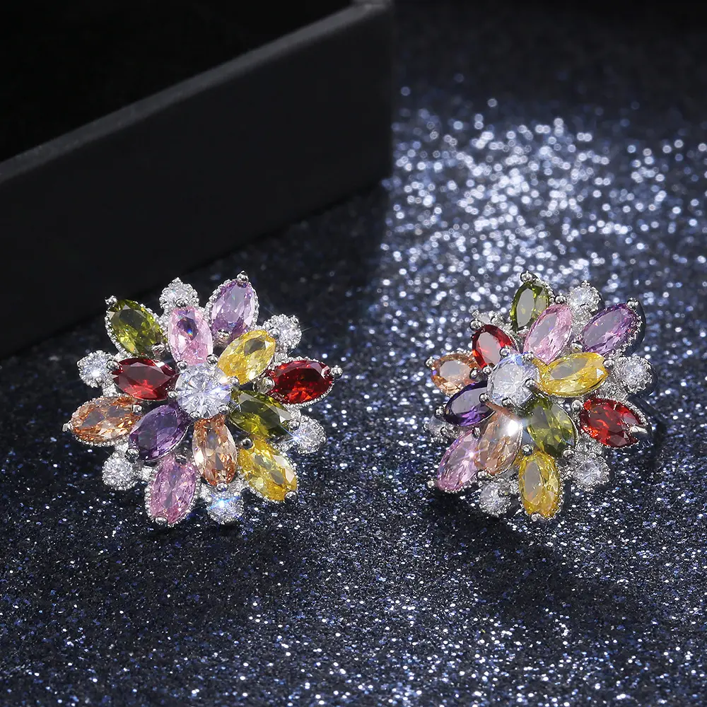 Bridal Wedding Party Fine Jewelry Marquise Cut Crystal Flower Stud Earrings Multicolor Stones Elegance Gift for Women