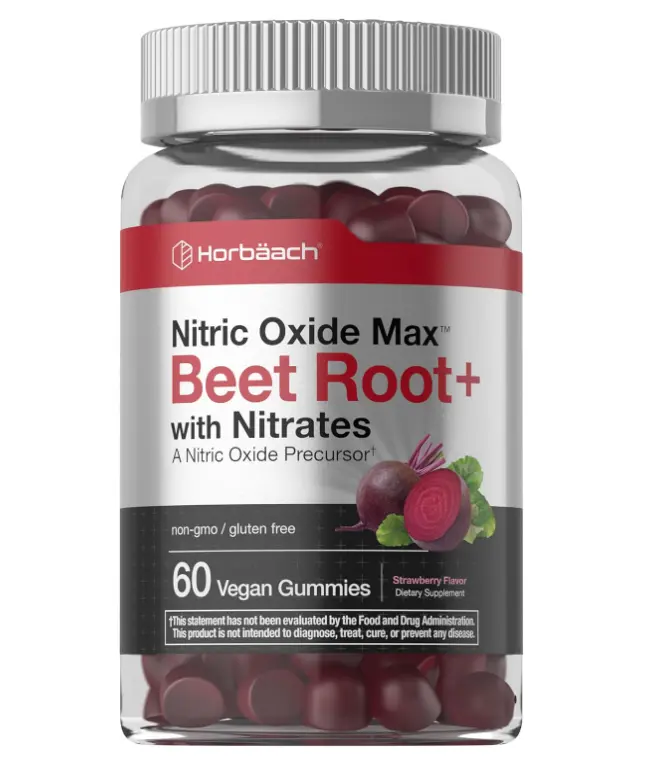 Horbaach Nitric Oxide Beet Root Gummies | 60 Chews | with Nitrates, Vitamin C & Black Pepper | for Men & Women | Strawberry Flavor | Vegan, Non-GMO, Gluten Free Supplement
