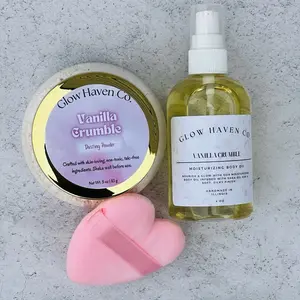 Glow Haven Co. Vanilla Crumble Body Oil + Dusting Powder Set | Warm Sugar Cookie Gourmand Scent | Cozy Body Care Set Golden Lightweight
