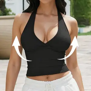 ETCYY Sexy Deep V Neck Halter Crop Top for Women – Black Slim Fit Workout Tank Top,Women's Breathable Sports Tank Top,urban tank top bra style,Stretchy Soft Sleeveless Camisole for Yoga, Gym, Club, Summer Casual Wear, SummerVibes,Tank Tops,