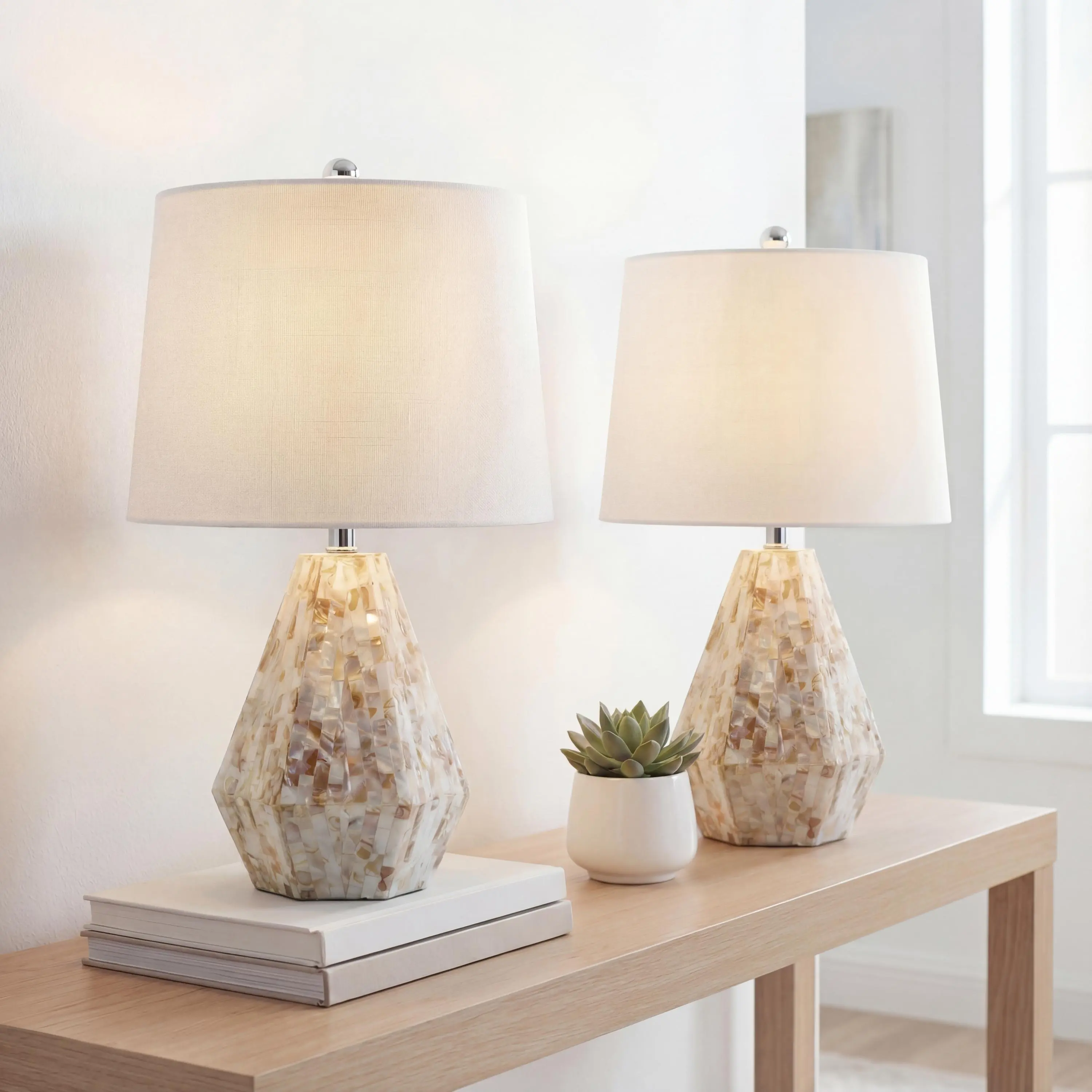 JONATHAN Y Isabella 21" Coastal Nautical Table Lamps (Set of 2) - Home Decor Light, Natural Ivory Seashell Geometric Mosaic Resin, 100% Cotton Hardback White Drum Shade, LED Bulbs Included, UL Listed for Bedroom Desk Dresser