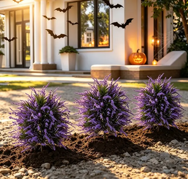 Simulated Lavender Ball Artificial Shrub with Ground Spikes, UV Resistant Lifelike Fake Evergreen Plant, Indoor Outdoor Garden & Halloween Porch Decor, Spooky Season Lawn Ornament for Halloween Party Displays