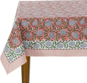 Dark Salmon Pink 70 x 108 Inches Rectangular Cotton Washable Tablecloth, Hand Block Print Floral, for Kitchen, Dining, Spring, Easter, Wedding
