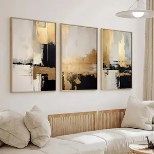 3pcs Set Unframed Retro, Abstract, Nordic minimalist design, Beige black and Golden blending Painting, Creative Artistic Canvas Prints Wall Art Poster Art Work For Wall Decor Waterproof Print, Frameless Room Decor Decoration