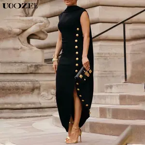 UOOZEE Women's Casual Loose Sleeveless Solid Color Split-Side High Neck Maxi Dress with Button Detail, Summer Black Longline Casual Dresses for Women,summervibes