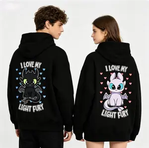 Funny Matching Couple Hoodies “I Love My Light Fury & Night Fury” – Trendy Cartoon Style Cotton Sweatshirts, Cozy Fall Winter Outfit, Casual Party Streetwear, Couples Gift for Lovers His & Hers