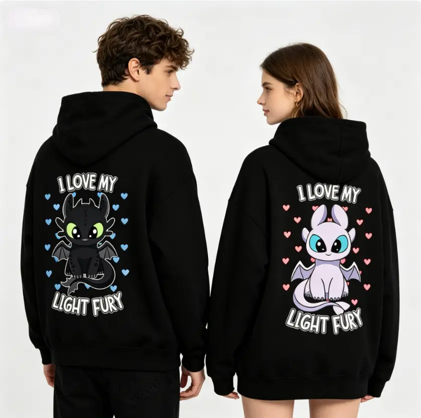 Couples' Matching Graphic Print Hoodies - Men's & Women's "I Love My Light Fury & Night Fury" Funny Cartoon Cotton Longsleeve Sweatshirts, Comfortable Casual Streetwear for Fall Winter, Party Couples Gift, Longsleeves