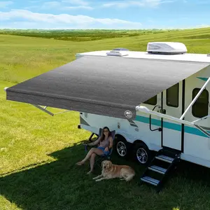 19.5oz Heavy Duty RV Awning Fabric Replacement, 5-Layer Rip-Stop No-Hole Vinyl Awning Fabric, Waterproof UV-Resistant RV Canopy for Camper, Trailer & Motorhome (Charcoal Fade, 15FT (Fabric 14'2"))