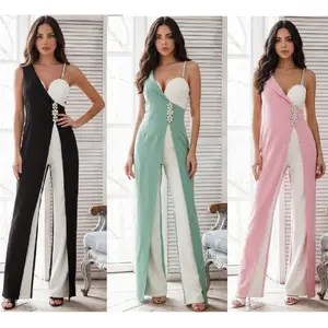 JEWEL STONE STRAP CURTAIN STYLE DETAIL JUMPSUIT - OPEN SLIT DETAIL / SLEEVELESS / STRAPS WITH STONE Elegant Womenswear