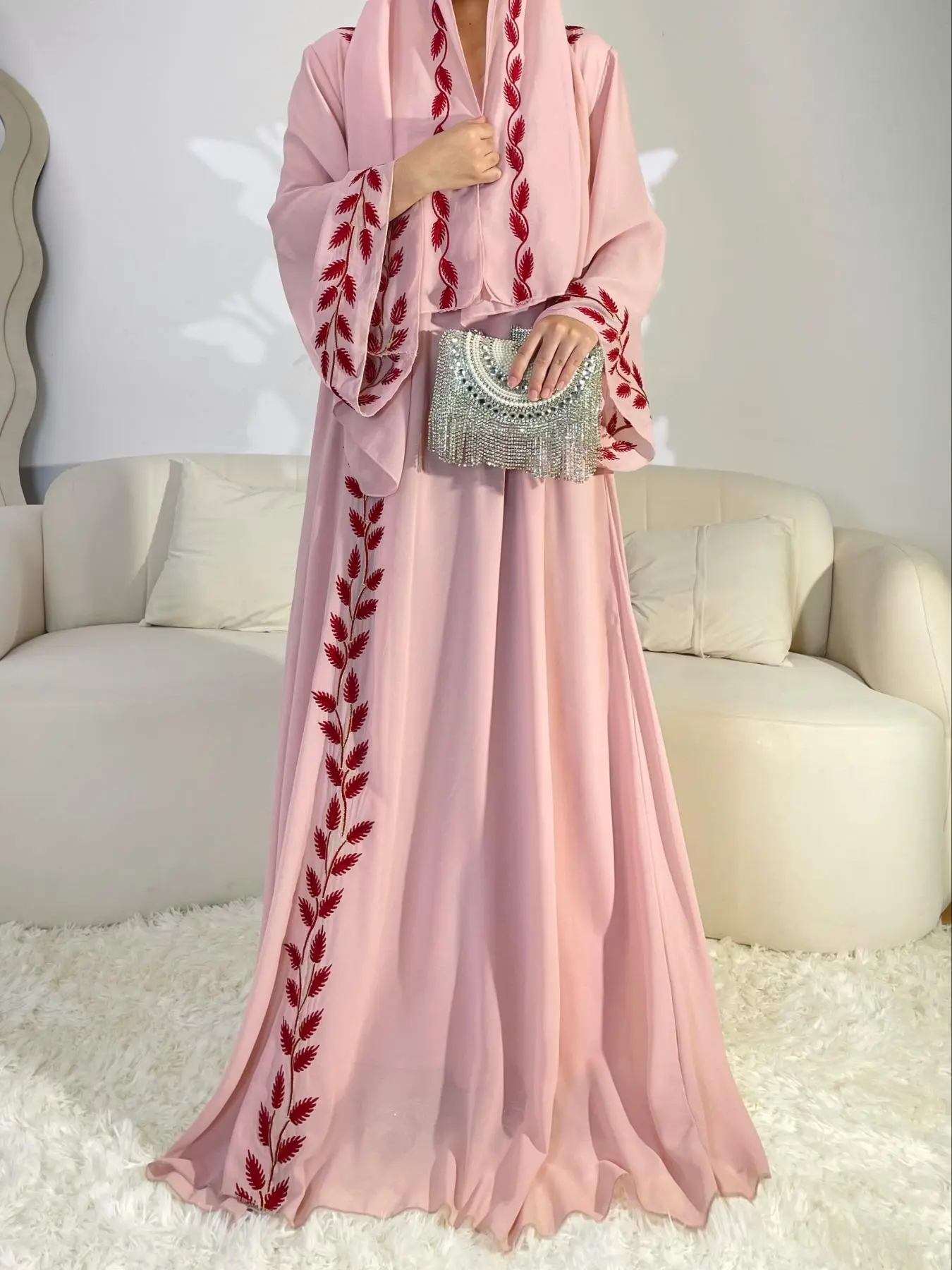 Arabic Clothing-Leaf Embroidered Bell Sleeve Chiffon Maxi Arabian Dress with Hijab, Elegant Long Kaftan Dresses Loose Abayas, Muslim Dress Islamic Clothes, Modest Muslim Clothing