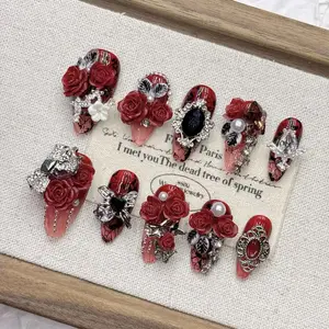 Gothic Red Rose Press On Nails With Rhinestones Metal Ornaments Pearls Multiple Sizes Red Black 3D Rose Rhinestones Design