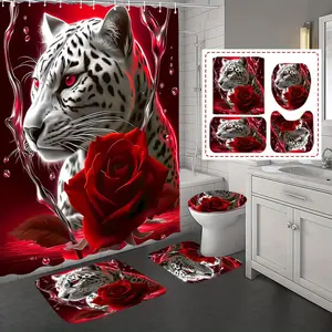 Leopard & Rose Pattern Bathroom Decor Set, 1 Set Waterproof Shower Curtain with 12 Hooks, U-shaped Contour Toilet Mat, Bathroom Decor Supplies, Shower Essentials, Bathroom Decoration Accessories