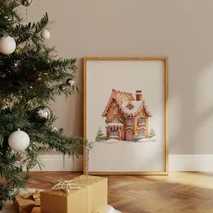 Gingerbread House Print, Pastel Christmas Printable Art, Cozy Winter Decor, Gingerbread Prints, Festive Xmas Kitchen Decor, DIGITAL DOWNLOAD