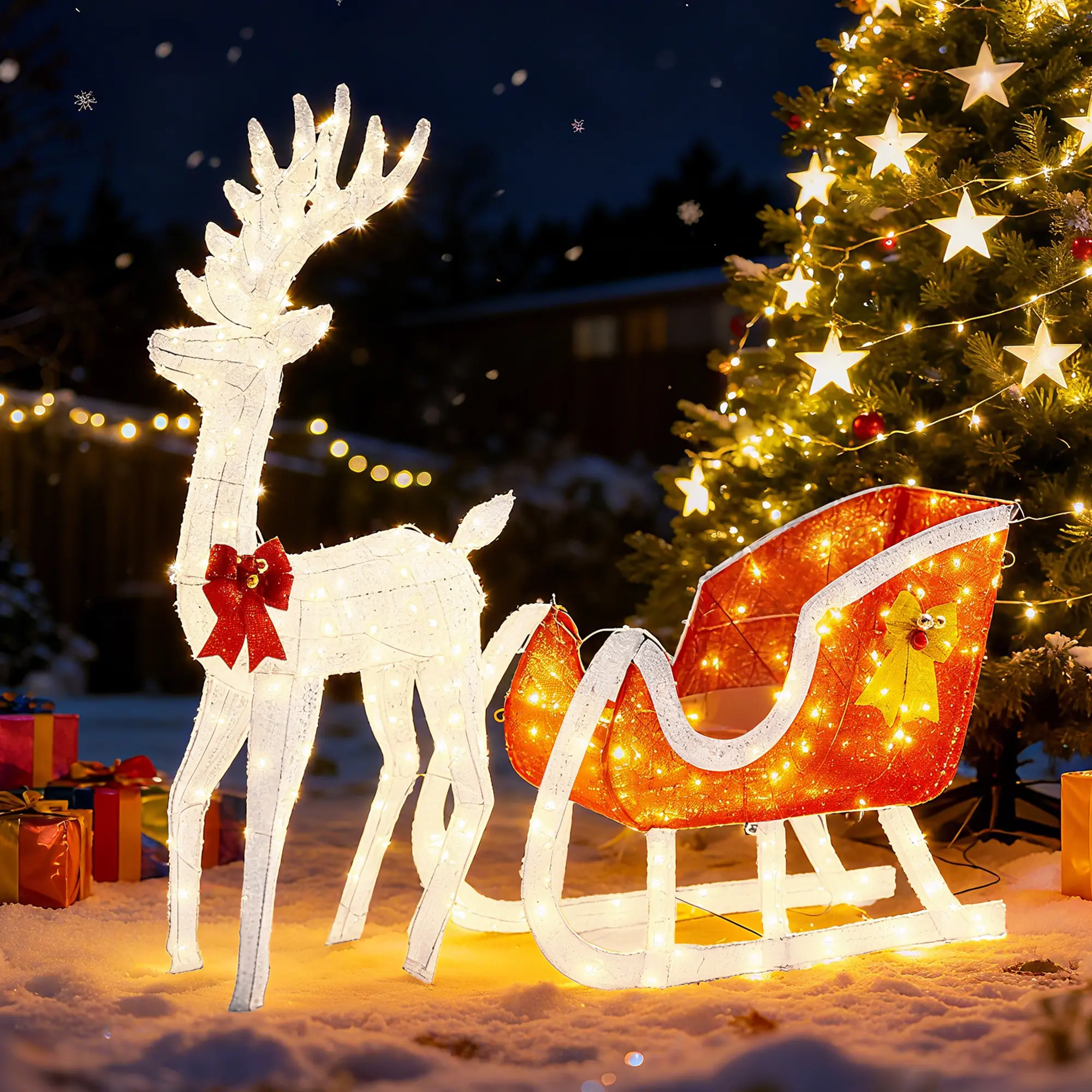4 FT Lighted Christmas Reindeer & Santa Sleigh Set, Family Outdoor Indoor Xmas Pre-Lit Yard Decoration w/ 180 LED Lights, Holiday Deer & Sled for Garden Display, White-Red