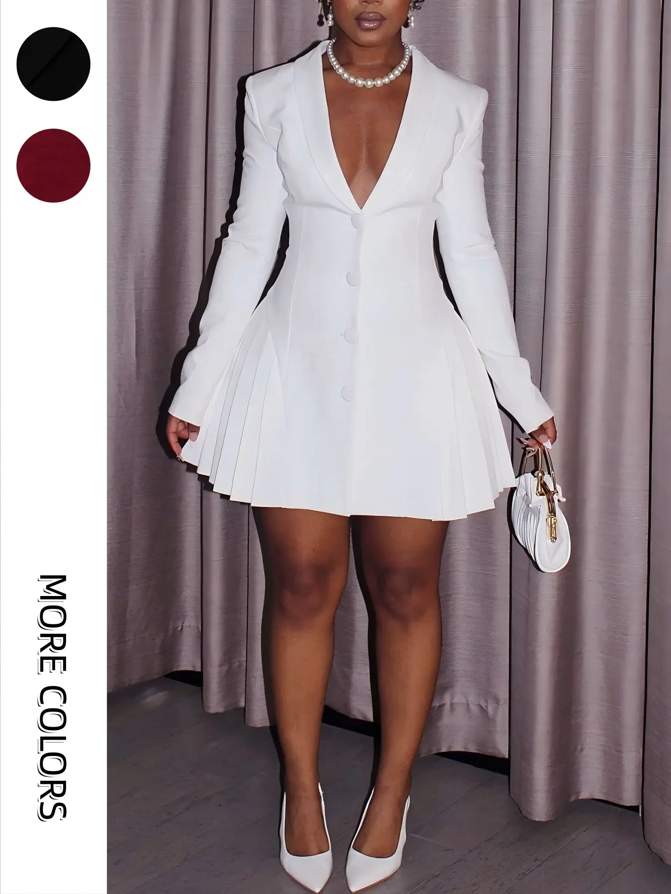 Women's Elegant Long Sleeve Ruched Short Dress, Fitted Suit Dress for Spring & Fall, Plain Pattern, Perfect for Parties and Events, Formal Wear