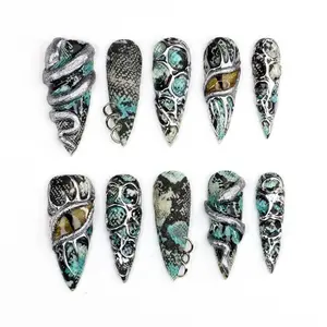 3D Silver Coiled Snake Stiletto Press On Nails, Python Skin Liquid Metal Gothic Punk Fake Nails, Dark Reptile Halloween Cosplay Reusable Glue On Nails, Gift for Women
